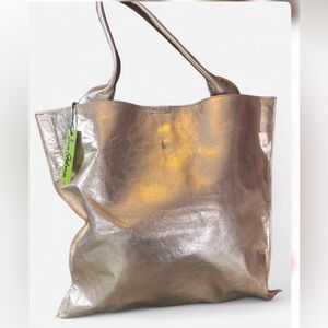 Sam Edelman Metallic Gold Leather Tote Bag NWT Large Shopper Minimal Chic